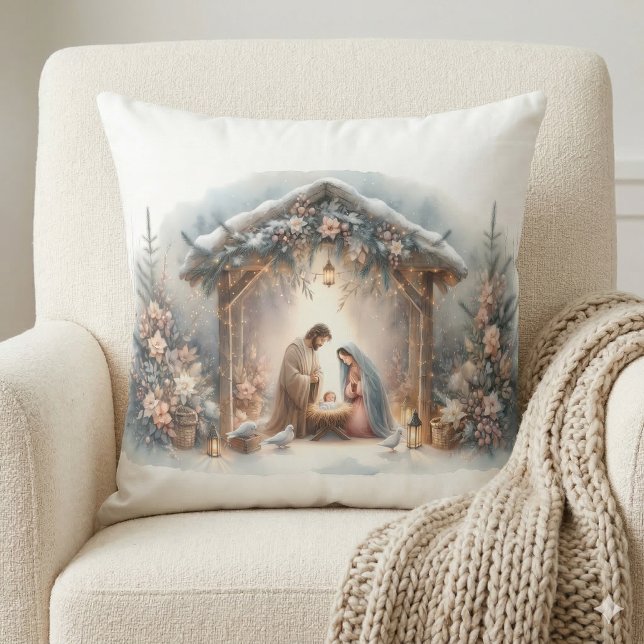 Rustikale Krippe mit Winter Florals Kissen (Rustic Nativity Scene with Winter Florals Throw Pillow Mockup A)