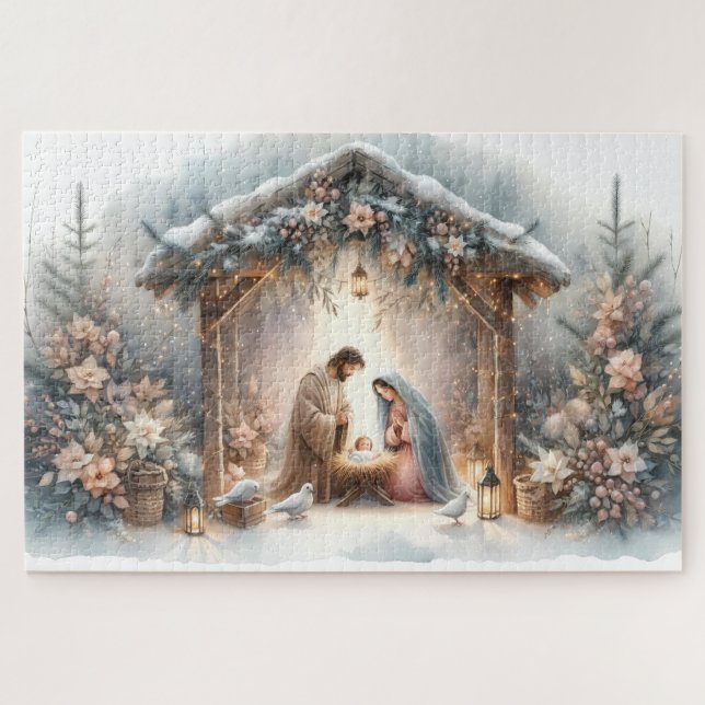 Rustikale Krippe mit Winter Florals Puzzle (Horizontal)