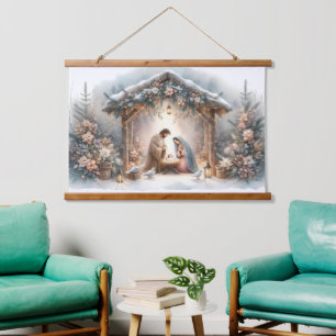 Rustikale Krippe mit Winter Florals Wandteppich Mit Holzrahmen