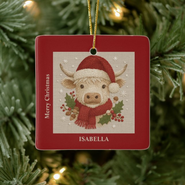 Rustikale Kuh mit Weihnachtsmannmütze Keramikornament (Baum)