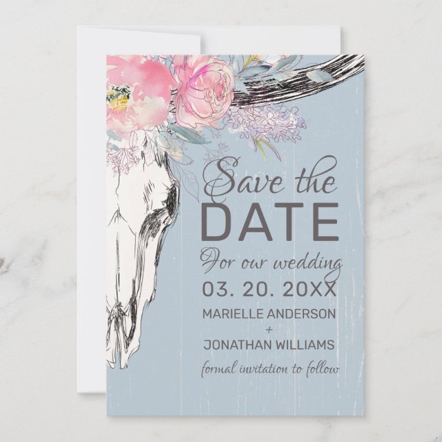 Rustikale Kuh Skull Boho Bloral Rosa Aquarell Save The Date (Vorderseite)