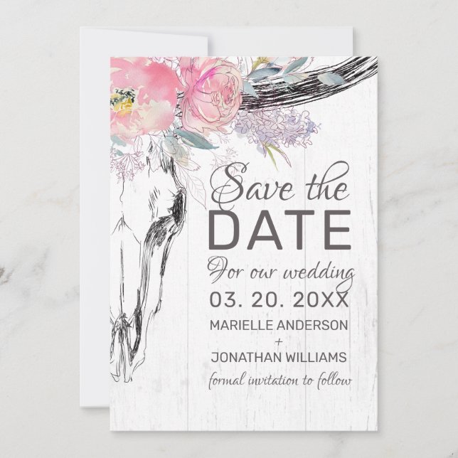 Rustikale Kuh Skull Boho Bloral Rosa Aquarell Save The Date (Vorderseite)