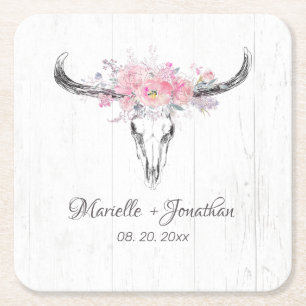 Rustikale Kuh Skull Boho Blush Pink Aquarell Blüte Rechteckiger Pappuntersetzer