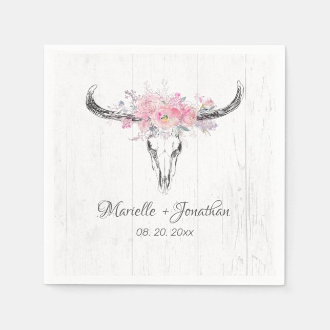 Rustikale Kuh Skull Boho Blush Pink Aquarell Blüte Serviette (Vorderseite)
