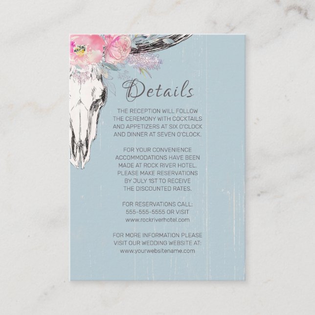 Rustikale Kuh Skull Boho Blush Wasserfarbe Blau Begleitkarte (Vorderseite)