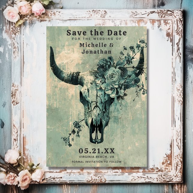Rustikale Kuh Skull Floral Boho Western Hochzeit Save The Date (Front - Rustic Cow Skull Floral Boho Western Wedding Save The Date)