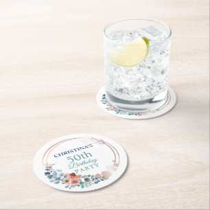 Rustikale Kupfer Blue Floral 50. Geburtstagsparty Runder Pappuntersetzer