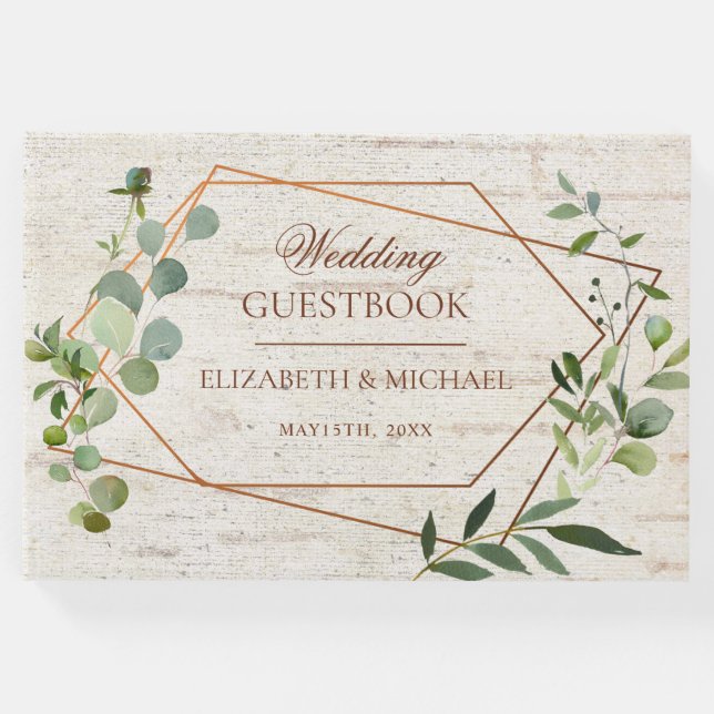 Rustikale Kupfer Geometric Eukalyptus Birch Weddin Gästebuch (Vorderseite)