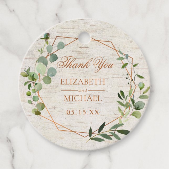 Rustikale Kupfer Geometric Eukalyptus Birch Weddin Geschenkanhänger (Vorderseite)