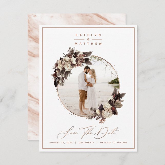 Rustikale Kupfer Gerahmtes Foto und Kalligrafie Save The Date (Vorne/Hinten)