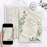 Rustikale kupfergeometrische Vegetation Elegante H Einladung<br><div class="desc">Dieses moderne und trendige Hochzeitsdesign besticht durch eine geometrische Imitat aus Kupfer, die mit Eukalyptusgrün in Aquarell über eine Imitat-Birkenbrauchtextur geschmückt sind. Die Namen der Paare und einige Details zur Hochzeit sind in einer passenden Kupferfarbe, und auf der Rückseite der Karte befindet sich ein Stand mit Birkenbäumen. Copyright Elegant lädt...</div>