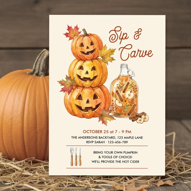 Rustikale Kürbis-Schnitz- und Trinkparty Einladung (Sip & Carve Halloween Invitation by Darling & May)