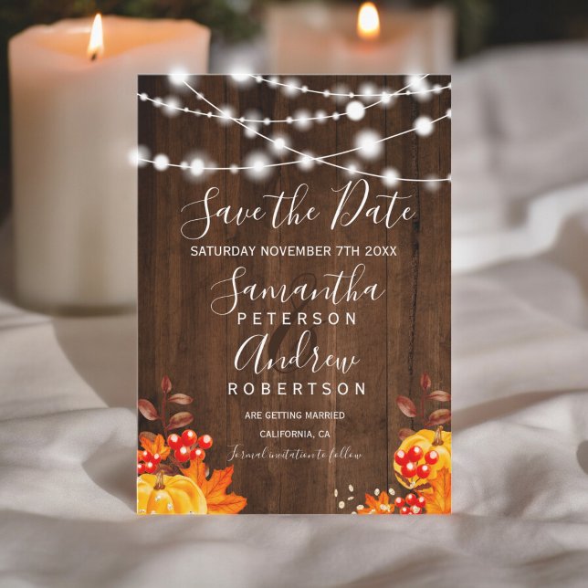 Rustikale Kürbiskernen Save the Date (Rustic wood pumpkin string lights save the date)