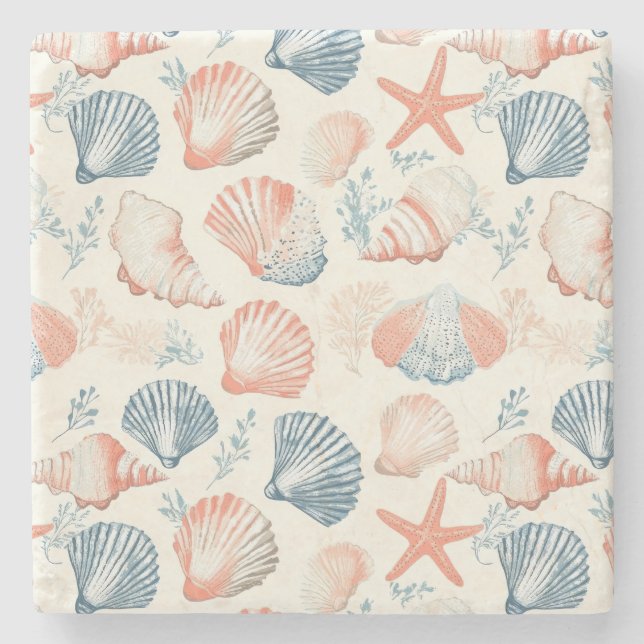 Rustikale Küste - Muscheln, Starfish, Riff (23) Steinuntersetzer (Vorderseite)