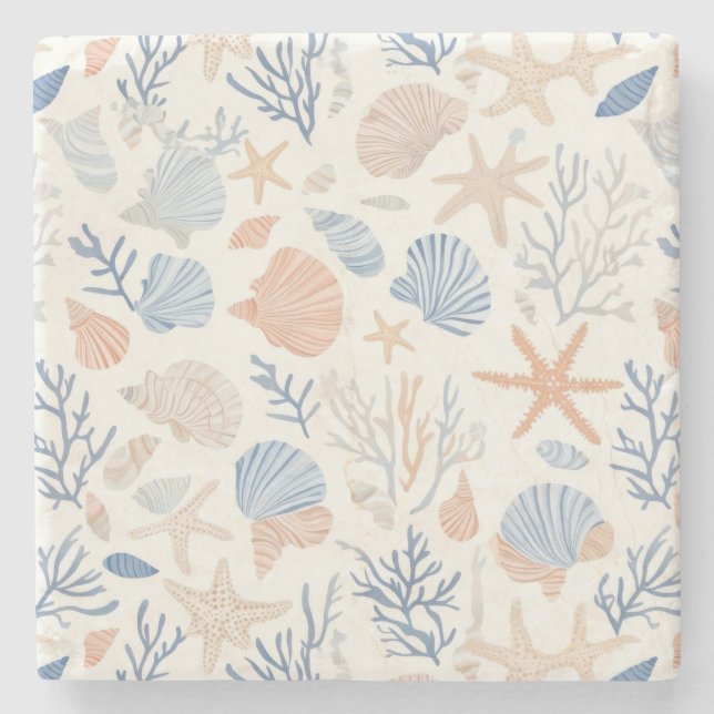 Rustikale Küste - Muscheln, Starfish, Riff (34) Steinuntersetzer (Vorderseite)