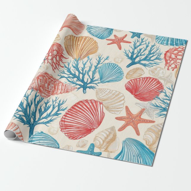Rustikale Küste - Muscheln, Starfish, Riff (7) Geschenkpapier (Ungerollt)