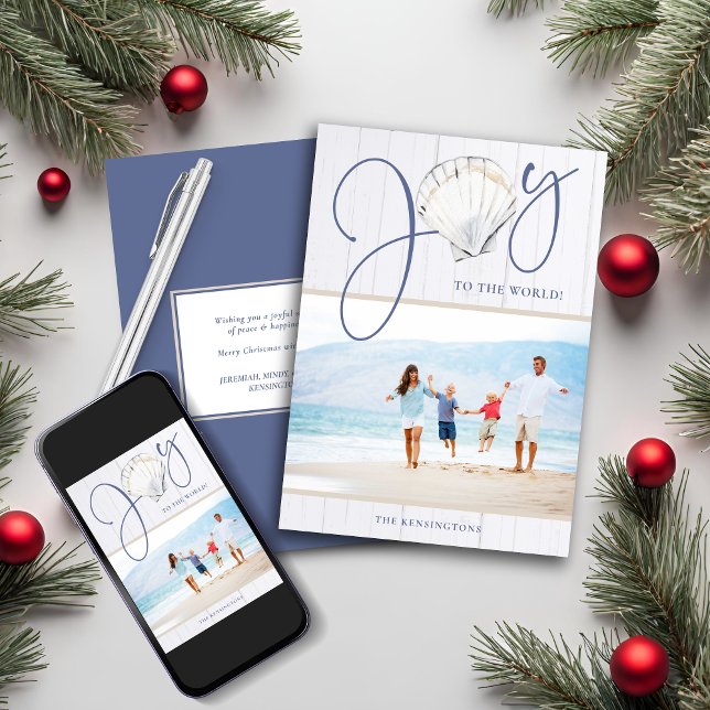 Rustikale Küste Weihnachten Freude Muschel Urlaub  (Rustic Coastal Christmas Joy Shell Holiday Photo Card)