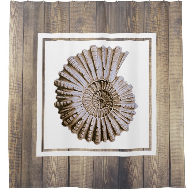 Rustikale Küstenspirale Seashell & Driftwood Plank Duschvorhang (Vorderseite)