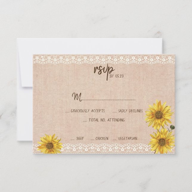 Rustikale Lace & Burlap Sonnenblumen Hochzeitkarte RSVP Karte (Vorderseite)