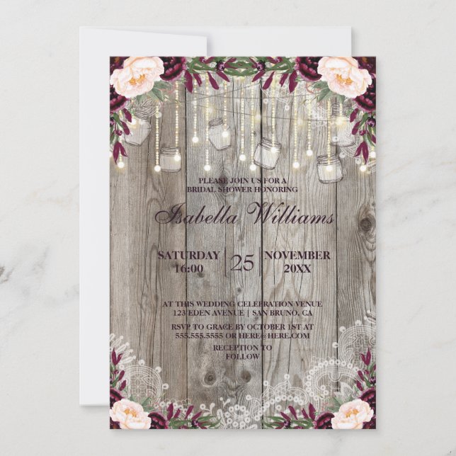 Rustikale Lace Jar Holzofenleuchten |Brautparty Einladung (Vorderseite)