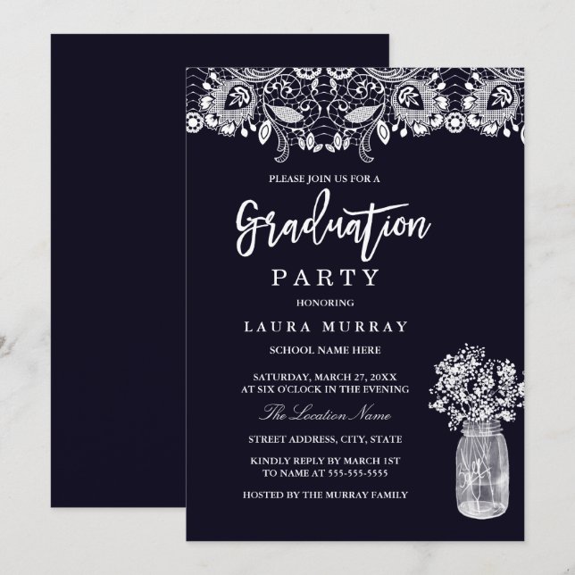 Rustikale Lace Mason Jar Navy Graduation Party Einladung (Vorne/Hinten)