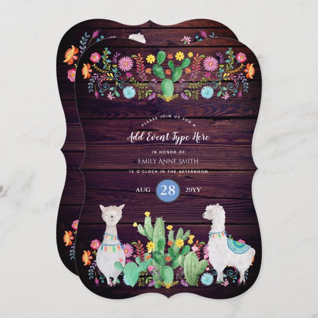 Rustikale Lama Wasserfarbe Folk Blume JEDE VERANST Einladung (Vorne/Hinten)