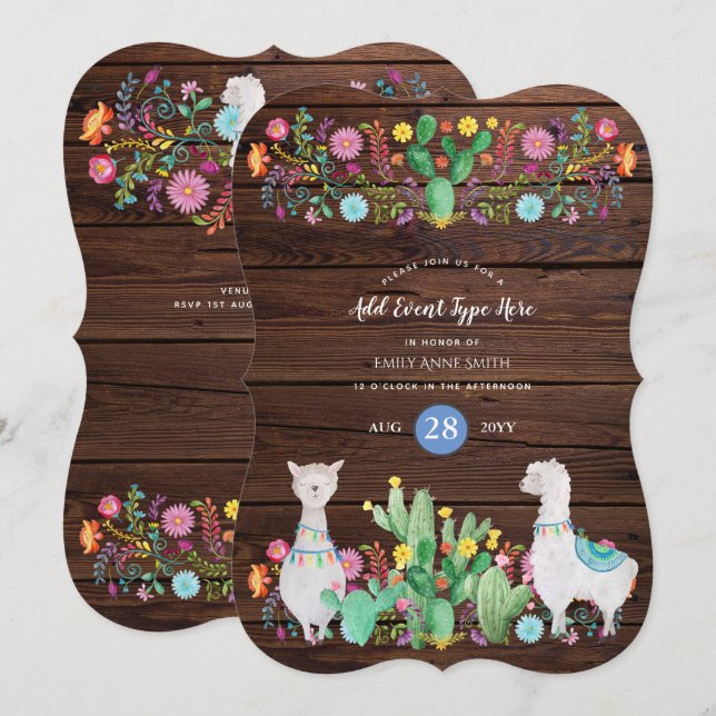 Rustikale Lama Wasserfarbe Folk Blume JEDE VERANST Einladung (Vorne/Hinten)