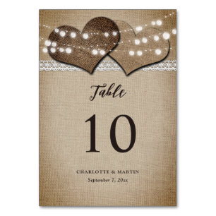 Rustikale Land-Burlap-Spitze-Lichterkette Hochzeit Tischnummer