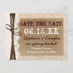 Rustikale Land-Sackleinen-Spitze-Save-the-Date-Pos Ankündigungspostkarte