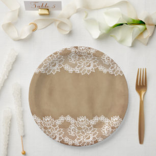 Rustikale Land Vintage Beige Jute und weiße Spitze Pappteller