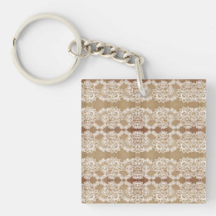 Rustikale Landhaus-Beige-Jute und weiße Spitze Schlüsselanhänger