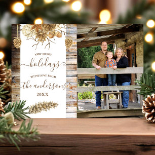 Rustikale Landhaus-Holz-Zapfen-Feiertags-Fotokarte Einladung