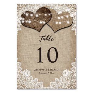 Rustikale Landhochzeit mit Jute und Spitze Tischnummer