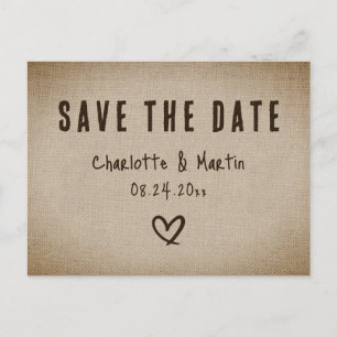 Rustikale Landhochzeit Save The Date mit Jute Postkarte