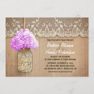 Rustikale Landmason Glas lila Hydrangea Hochzeit Einladung
