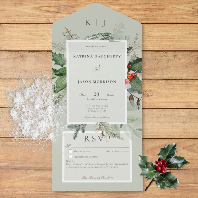 Rustikale Landschaft Winter Holly & Pine Details All In One Einladung (Rustic Sage Winter Holly & Pine Details All In One Invitation)