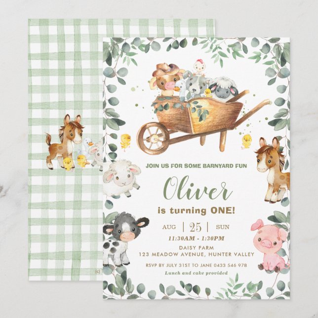 Rustikale Landtiere Barnyard Geburtstag Einladung (Vorne/Hinten)