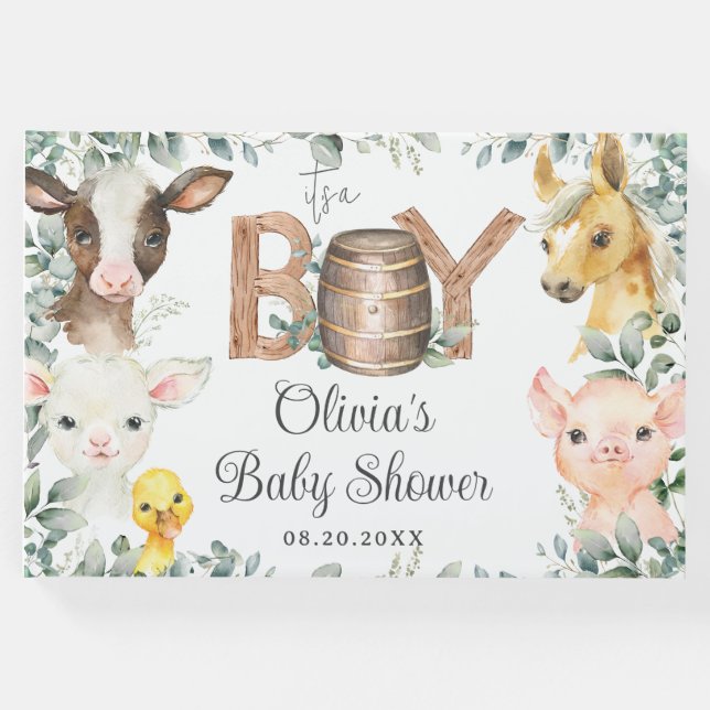 Rustikale Landtiere Stallengrün Boy Babydusche Gästebuch (Vorderseite)
