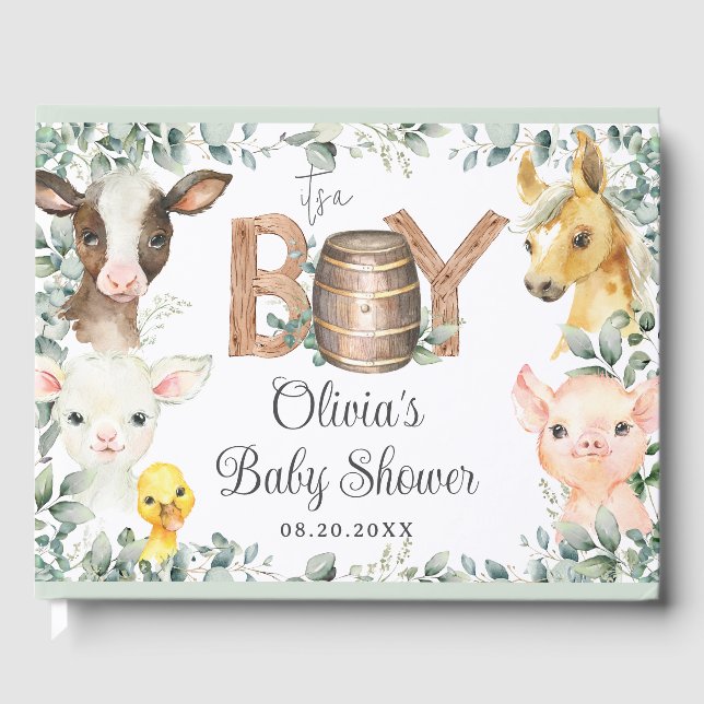 Rustikale Landtiere Stallengrün Boy Babydusche Gästebuch (Vorderseite)