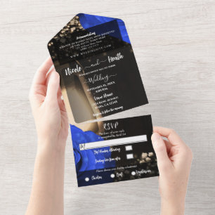 Rustikale Laterne & Blaue Rosen Hochzeit + RSVP All In One Einladung