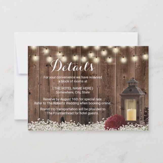 Rustikale Laterne & Burgunder Blume Hochzeitsdetai Einladung (Vorderseite)