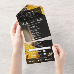 Rustikale Laterne & Gelbe Rosen Hochzeit + RSVP All In One Einladung