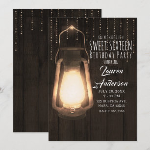 Rustikale Laterne & Lichter Braunes Holz Sweet 16 Einladung