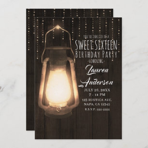 Rustikale Laterne & Lights Brown Wood Sweet 16 Par Einladung