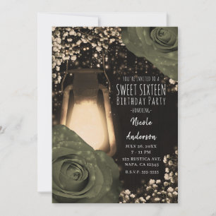 Rustikale Laterne Olive Sage Rosen Sweet 16 Einladung
