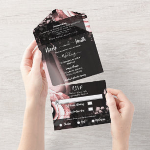 Rustikale Laterne & Rosa Rosen Hochzeit + RSVP All In One Einladung