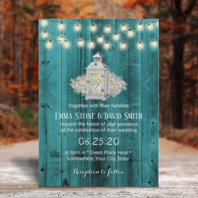 Rustikale Laterne & String Lights Aquamarine Barn  Einladung (Von Creator hochgeladen)