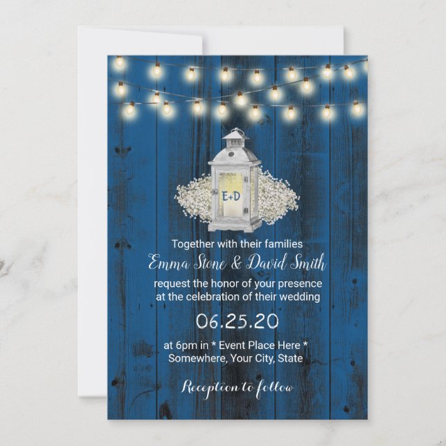 Rustikale Laterne & String Lights Blue Barn Weddin Einladung (Vorderseite)