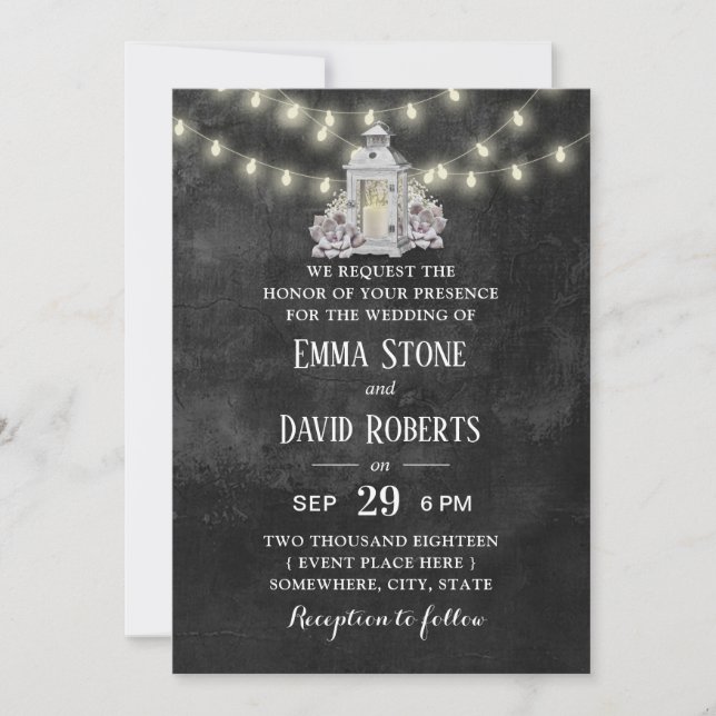 Rustikale Laterne & String Lights Chalkbaord Hochz Einladung (Vorderseite)