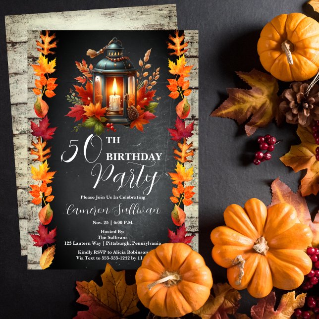 Rustikale Laterne und Blätter Herbst 50. Geburtsta Einladung (Candlelit Lantern and Fall | Autumn Leaves 50th Birthday Party Celebration Invitation)